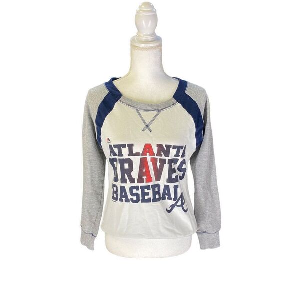 Majestic Fan Fashion Women’s Atlanta Braves Wide Crewneck Sweatshirt Size Small - Picture 1 of 9